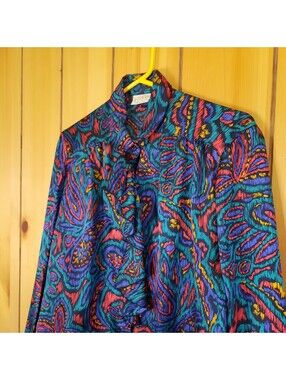 Vtg Russ Women's 12 Silky Long Sleeve Blouse Paisley Ruffle Neck